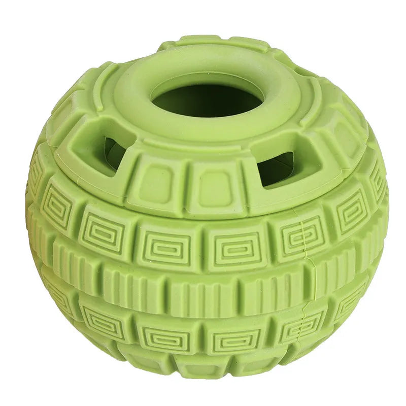 Green or orange natural rubber pet food dropping ball toy measuring 14x10x10 cm