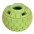 Green or orange natural rubber pet food dropping ball toy measuring 14x10x10 cm
