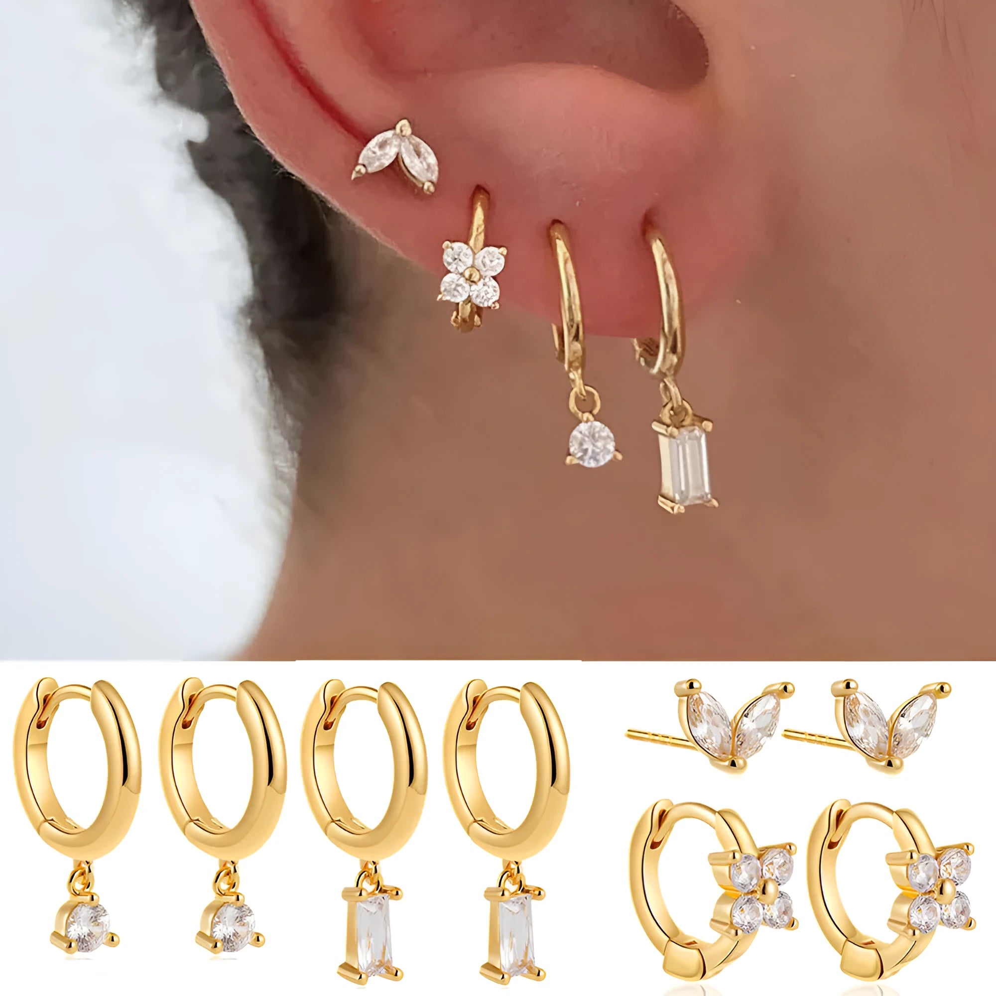 Geometric square copper earrings with zircon accents in gold or silver electroplated finish