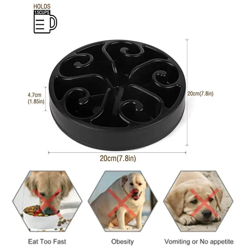 A slow feeder dog bowl with a maze pattern inside, shown in one of six available colours on a non-slip base.