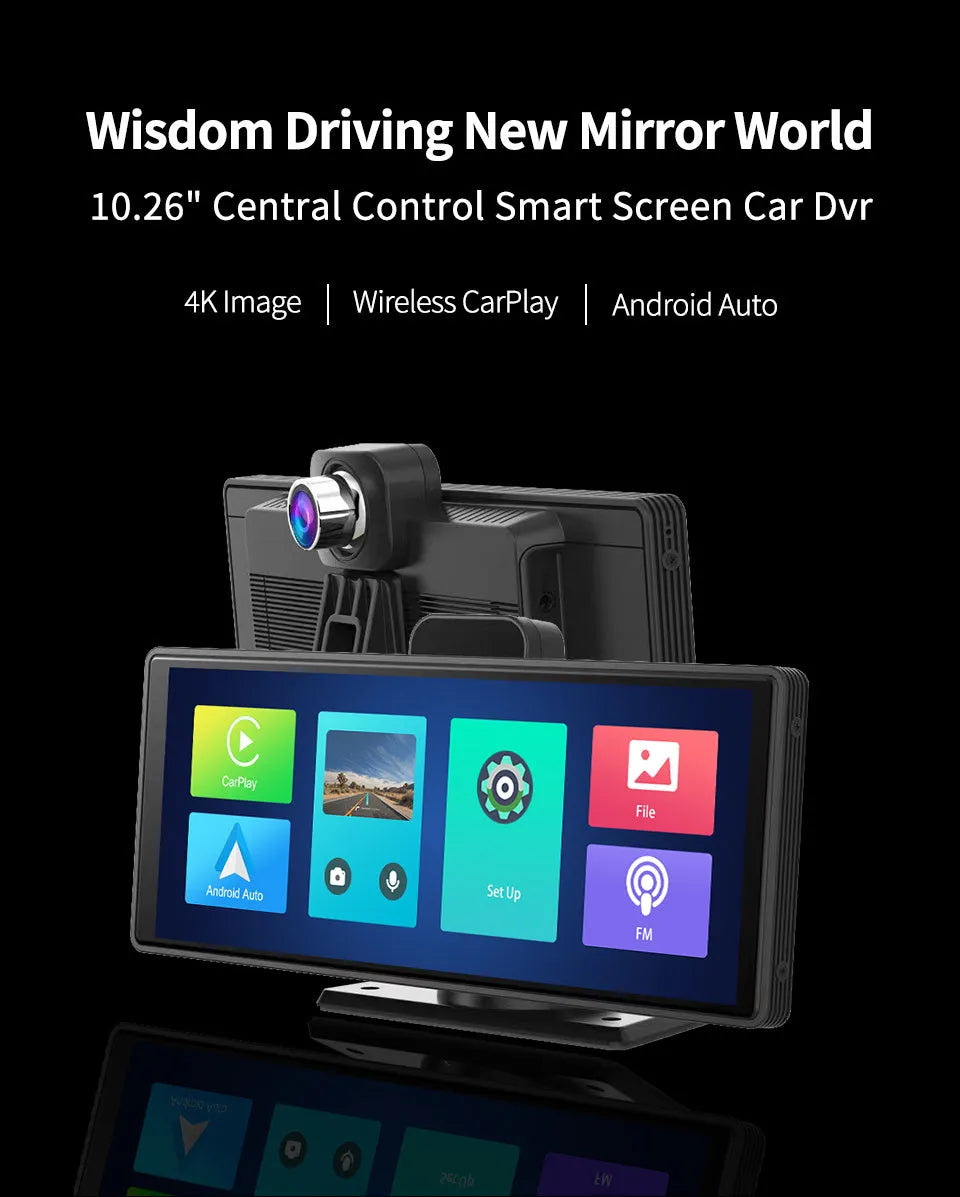 10.26-inch car DVR dash cam with touch screen, front and rear camera, showing split-screen display.