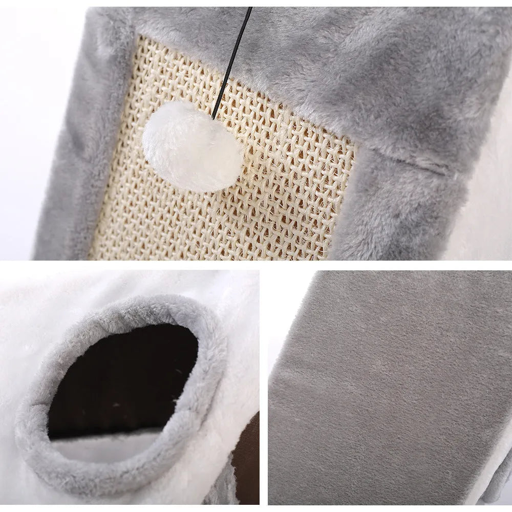 Triangle-shaped grey and white cat nest with integrated sisal scratching post.