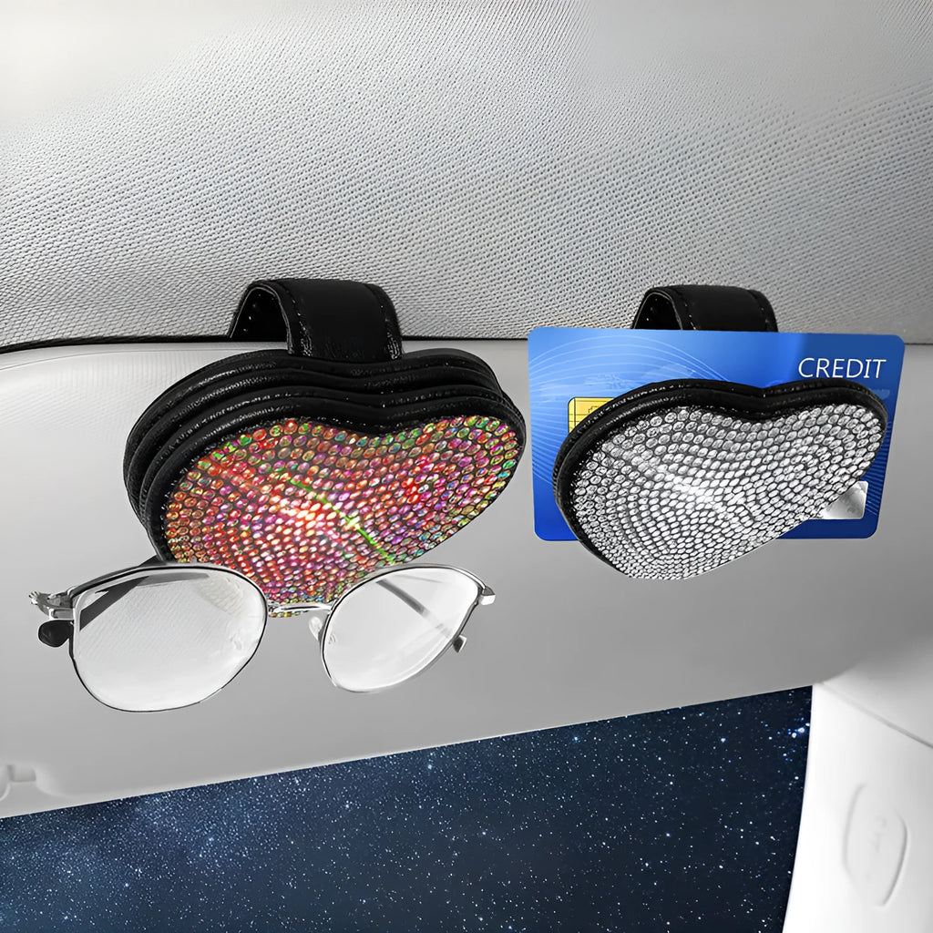 PU leather car sun visor clip with diamond pattern, holding sunglasses and cards.