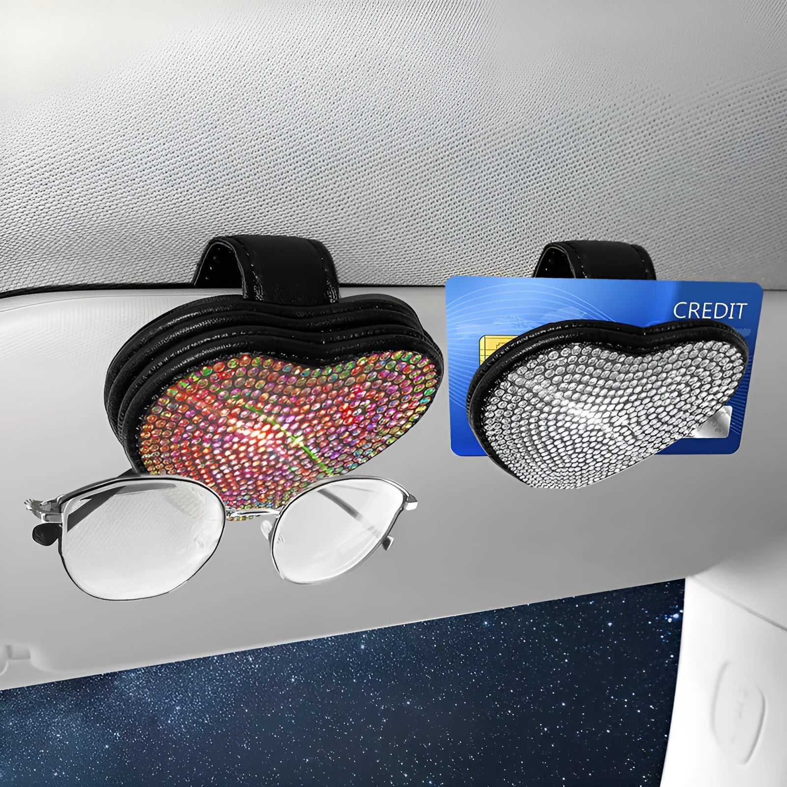 PU leather car sun visor clip with diamond pattern, holding sunglasses and cards.