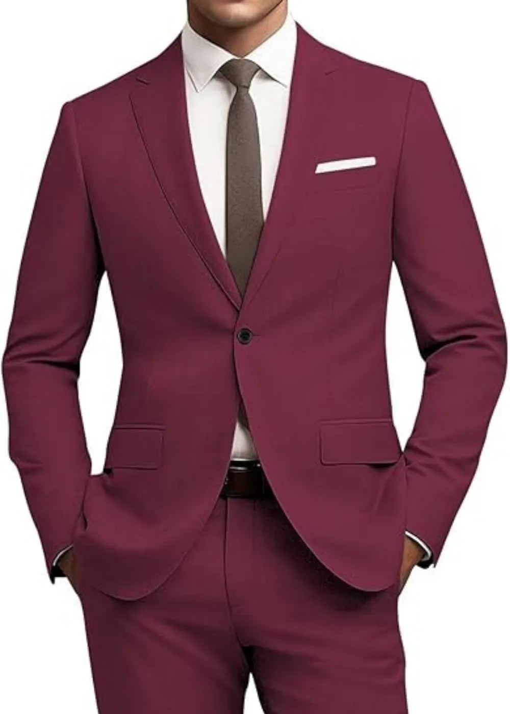 Men's solid colour nylon blend slim fit business jacket and pants set with flat collar and rear centre opening