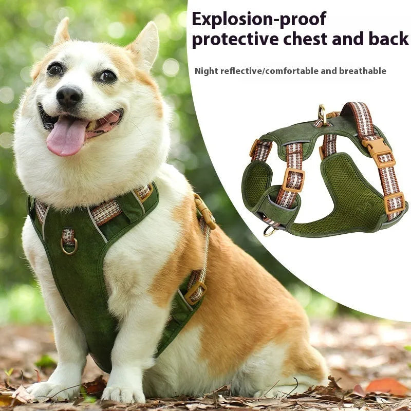 Brown leather dog harness with reflective stitching, adjustable straps, and chest attachment design