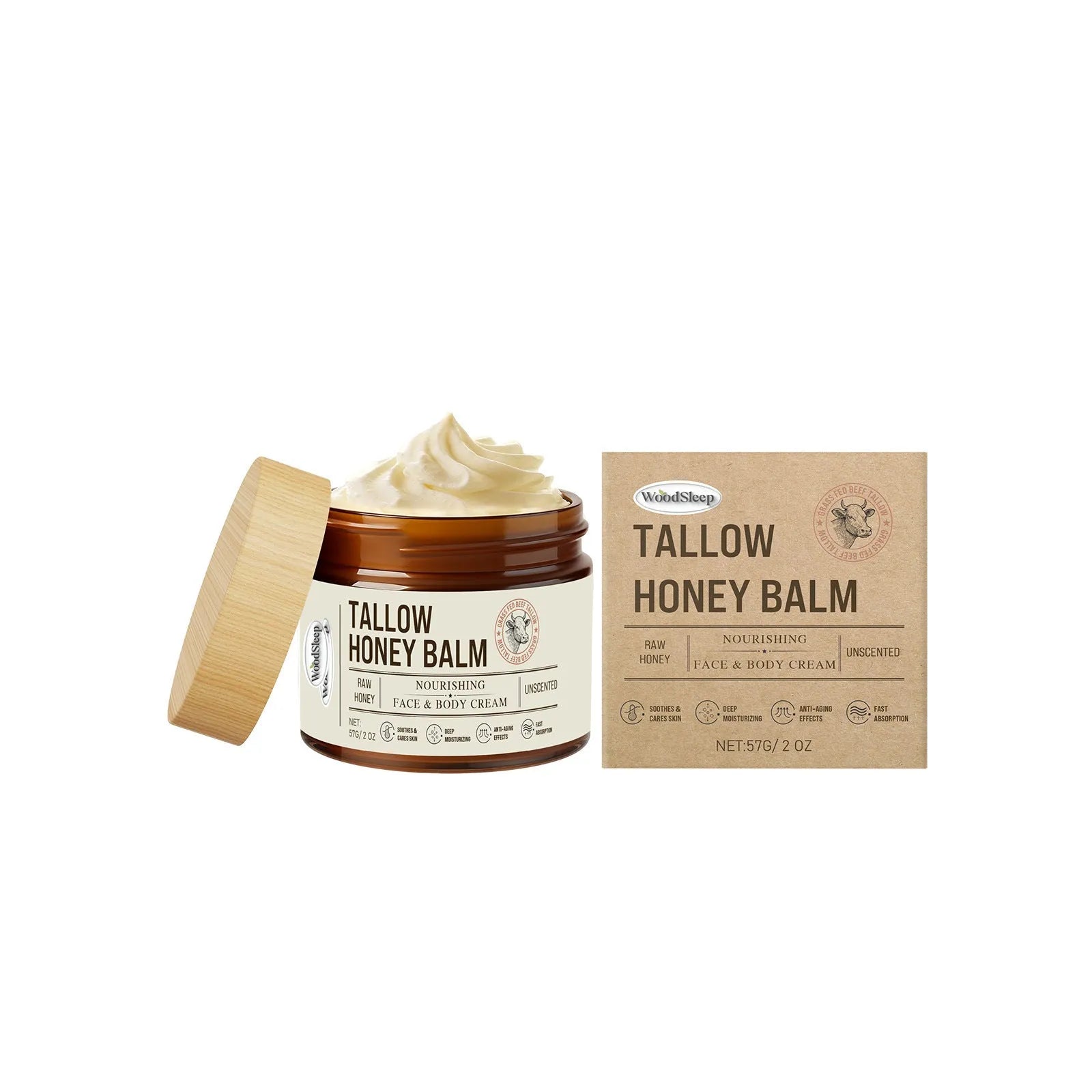 57g jar of tallow honey moisturising cream for dry skin relief and elasticity restoration