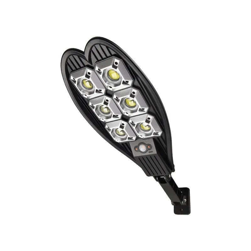 White 6-eye sword design outdoor solar garden lamp with remote control on a box.