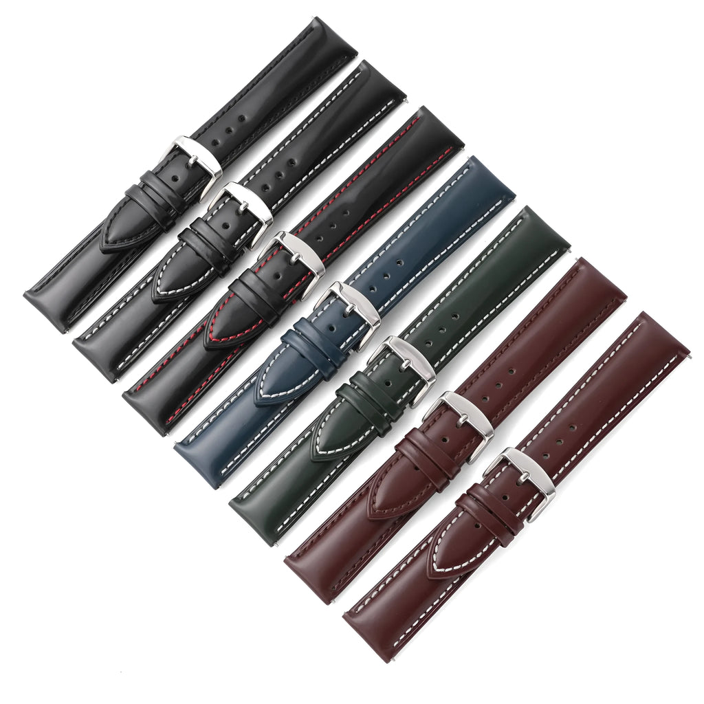 Quick release cowhide leather watch strap shown in dark brown with white contrast stitching