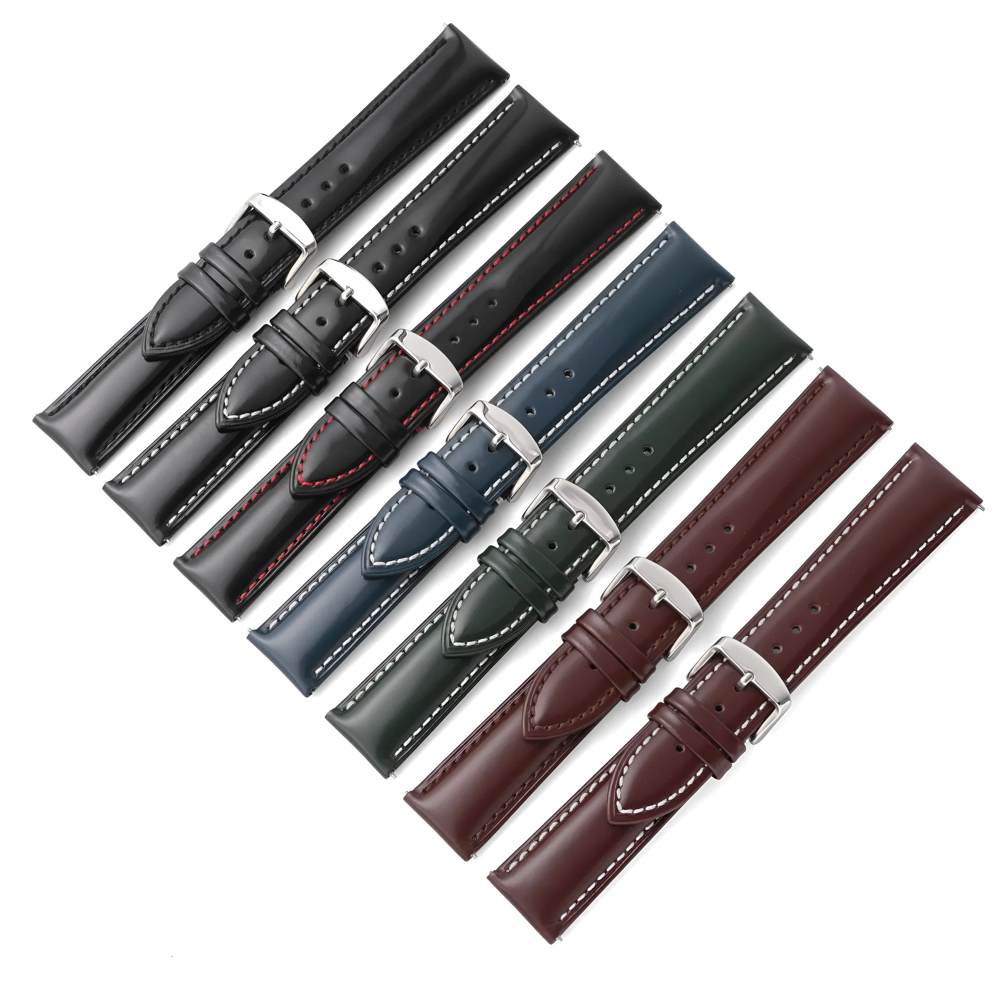 Quick release cowhide leather watch strap shown in dark brown with white contrast stitching