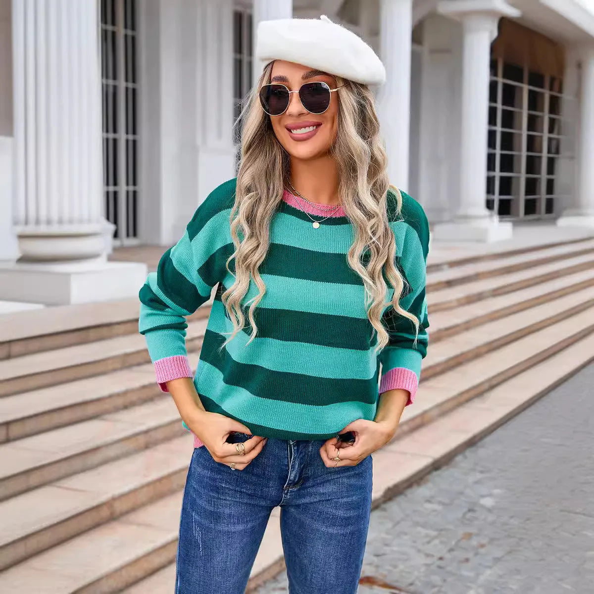 Women's loose long sleeve round neck acrylic sweater in striped or plaid pattern