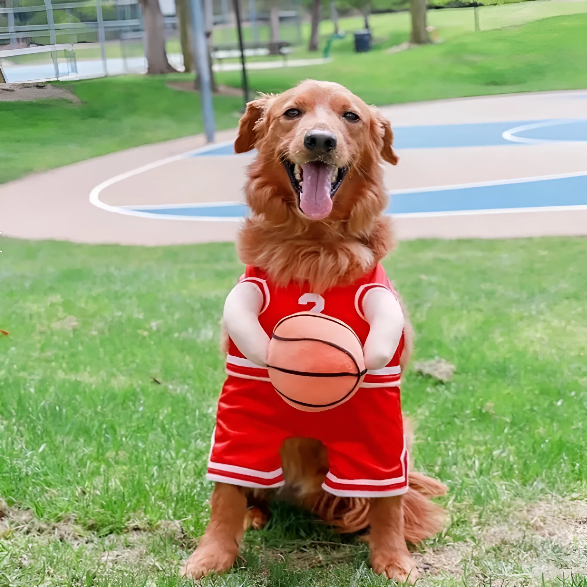 Dog wearing red basketball jersey costume with matching basketball ball accessory