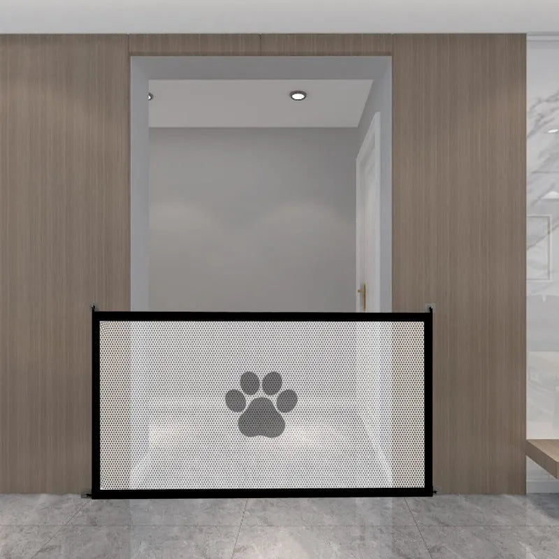 Portable folding dog barrier net fence with pet doorsill design showing black dog footprints