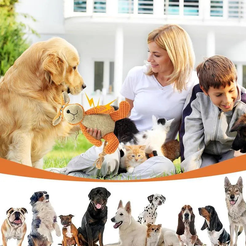 Squeaky dog plush chew toy in animal shape for dental cleaning and play