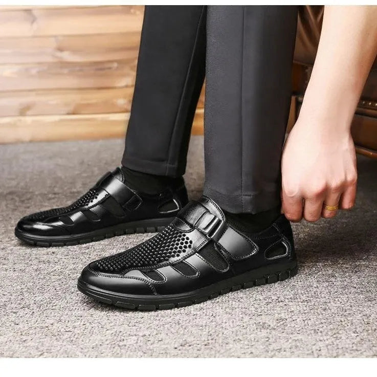 Men's business casual hollow leather sandals with PU upper and Velcro closure in black and brown