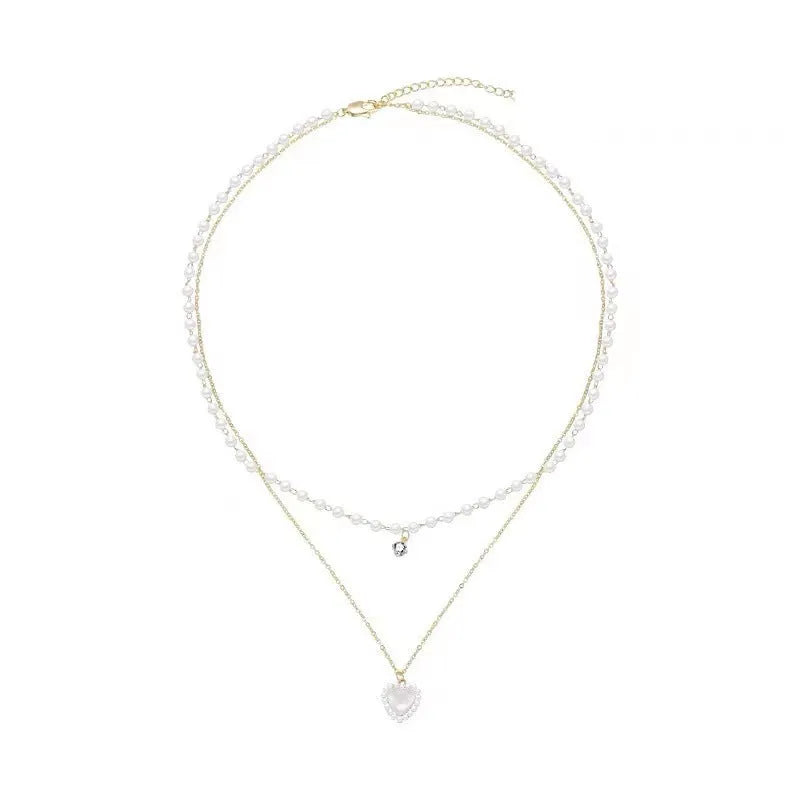 Gold electroplated heart-shaped double-layer necklace on woman, zinc alloy, adjustable 21-50 cm circumference