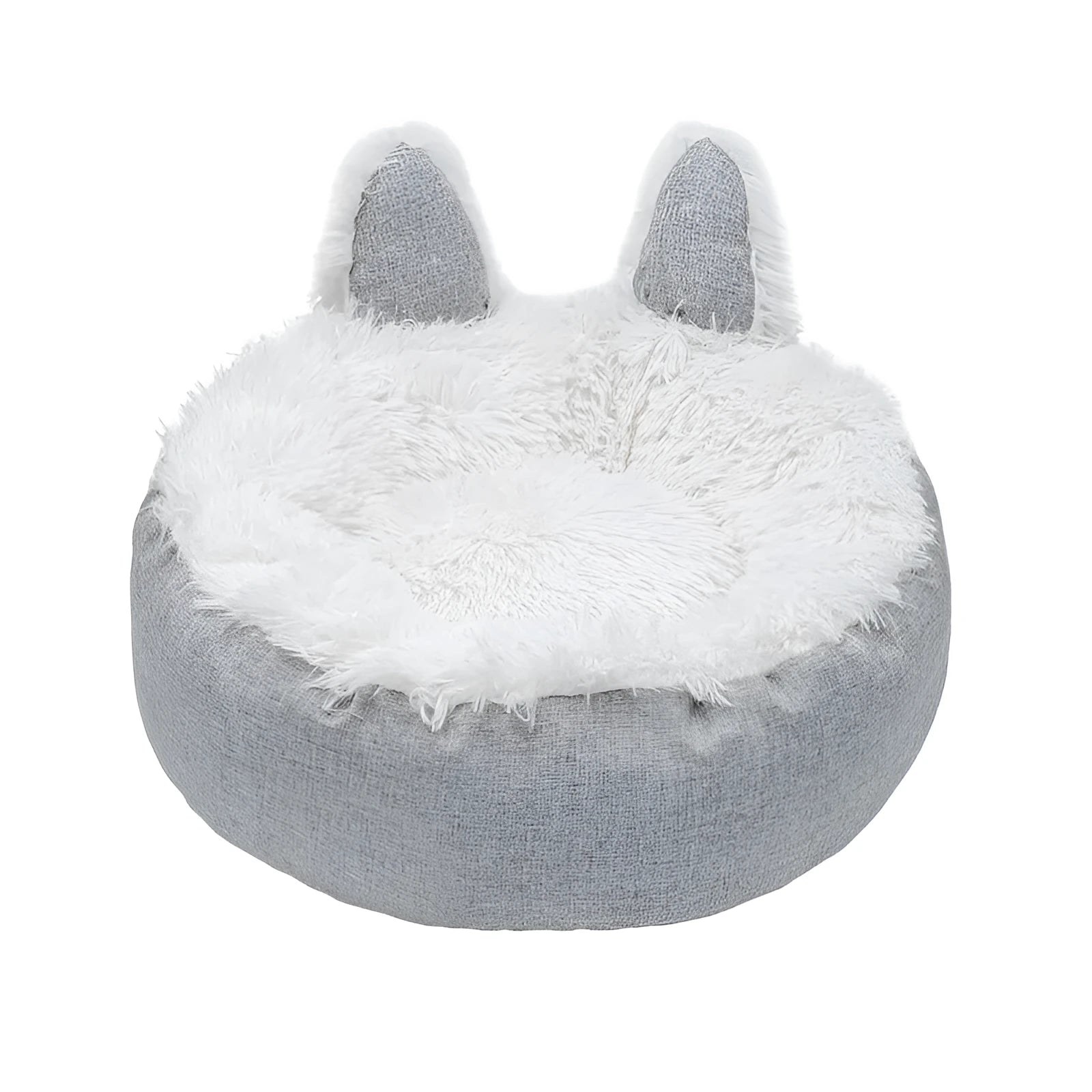 Soft faux fur plush cat bed in grey with fluffy interior – available in multiple sizes and colours for indoor use