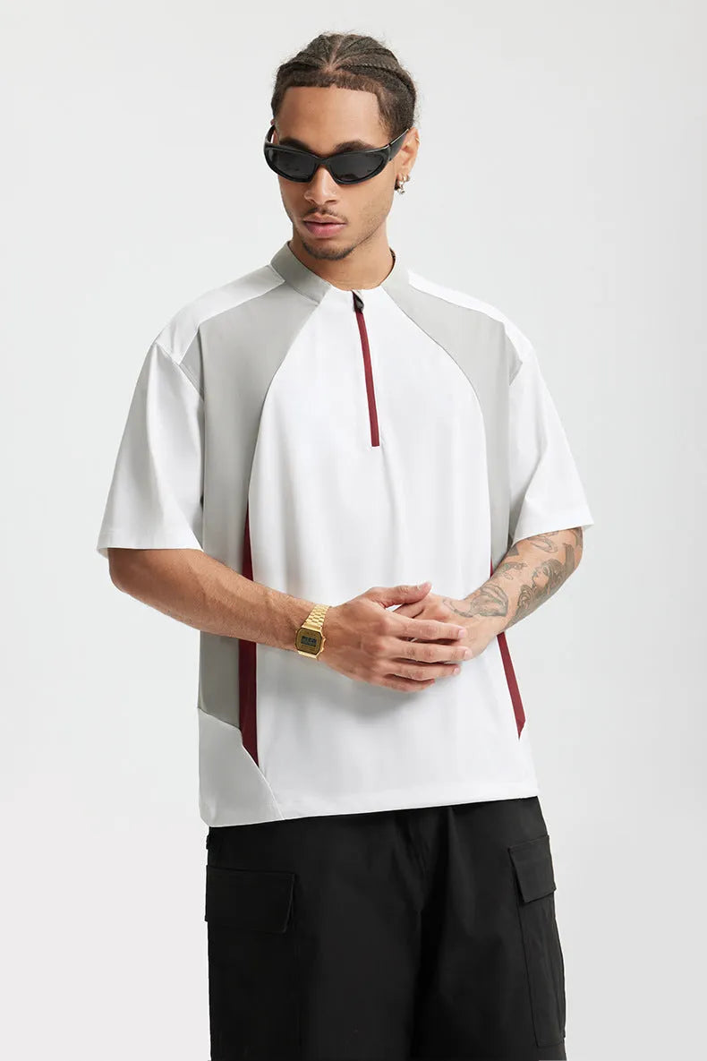Men's solid colour polyester top with stitching detail in black and beige with long and short sleeve options