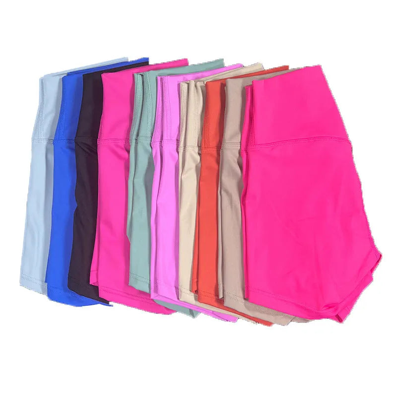 Ladies high-waisted yoga shorts in nylon fabric for running and cycling, shown in electric blue.