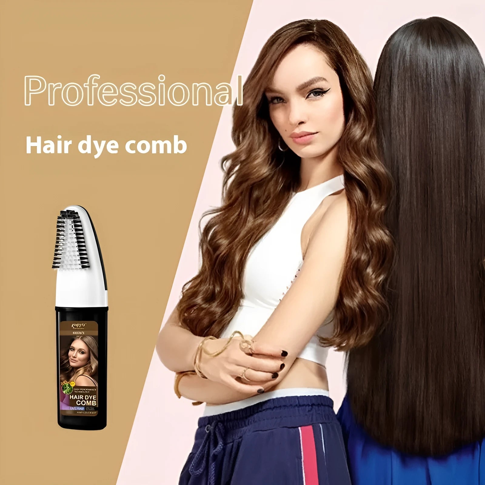 Permanent hair dye kit showing 200ML bottle and easy application comb in choice of Brown, Wine Red, or Dark Brown shade.