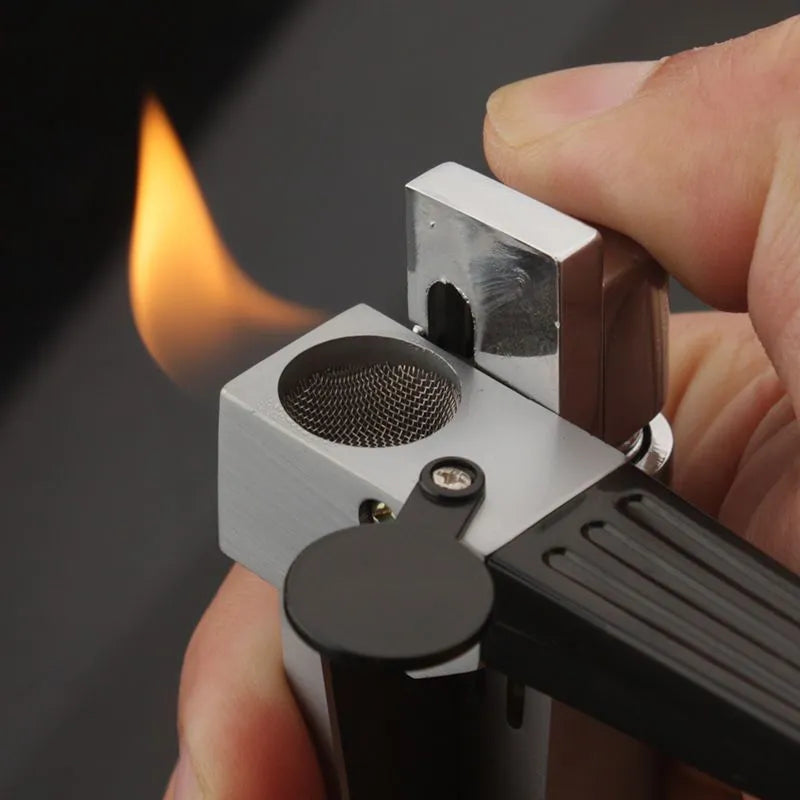 Silver foldable metal pipe lighter in open position showing flame mechanism and storage compartment.