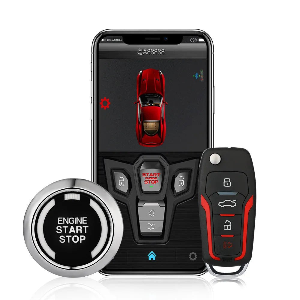 Red and black remote control car alarm system with two remotes for 3000m range security.