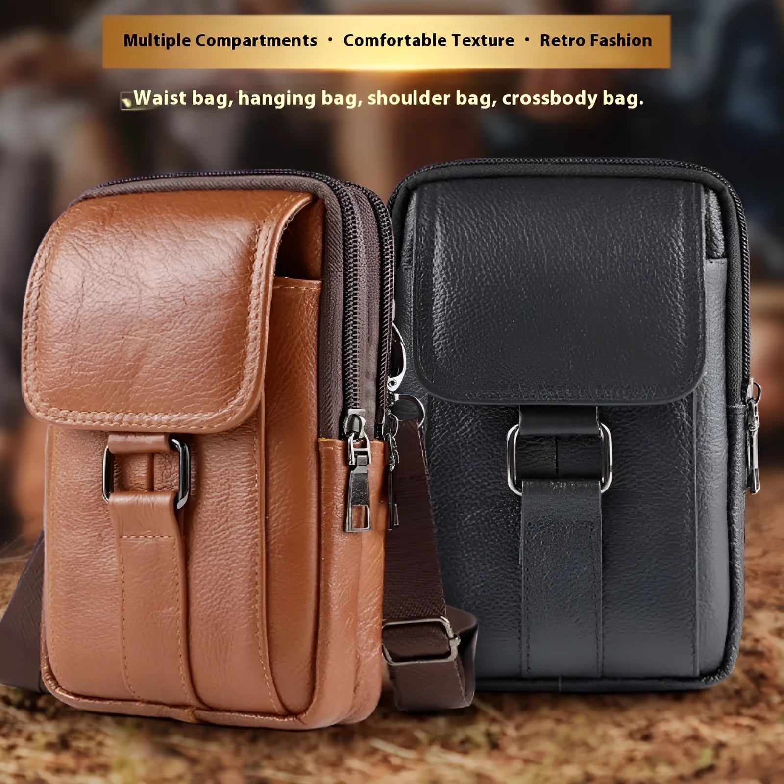 Men's black genuine leather crossbody waist bag with a lock, shown in vertical square shape.