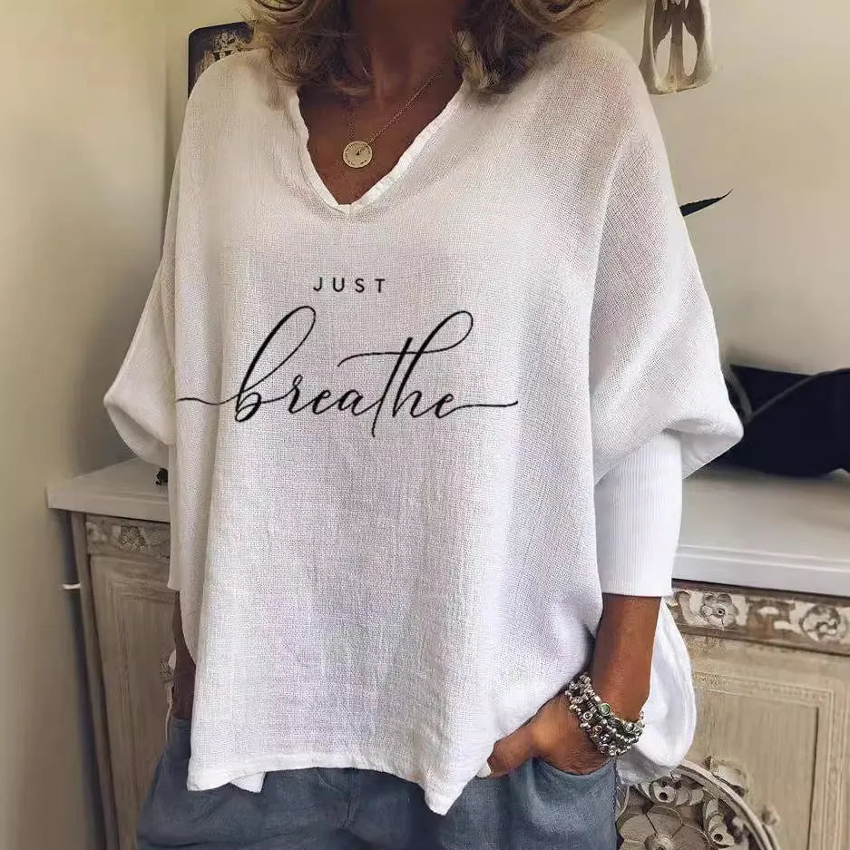 Women's loose fit V-neck long sleeve top in brushed milk silk fabric with digital printed pattern
