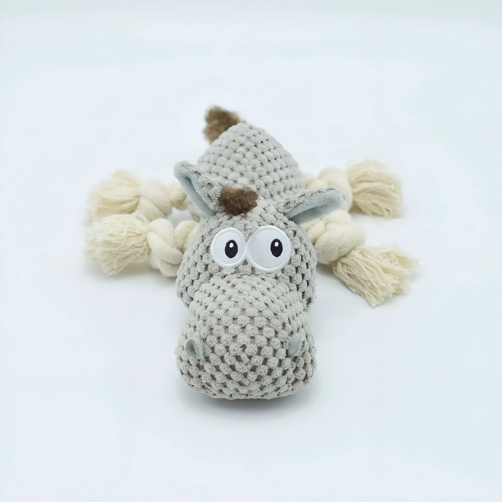 Grey donkey plush dog toy with creaking sound mechanism
