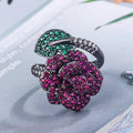 Gold-plated geometric black gold flower ring with simulated red corundum stone for women