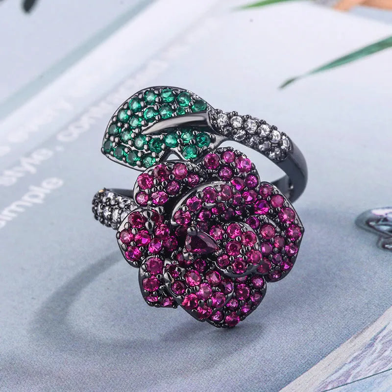 Gold-plated geometric black gold flower ring with simulated red corundum stone for women