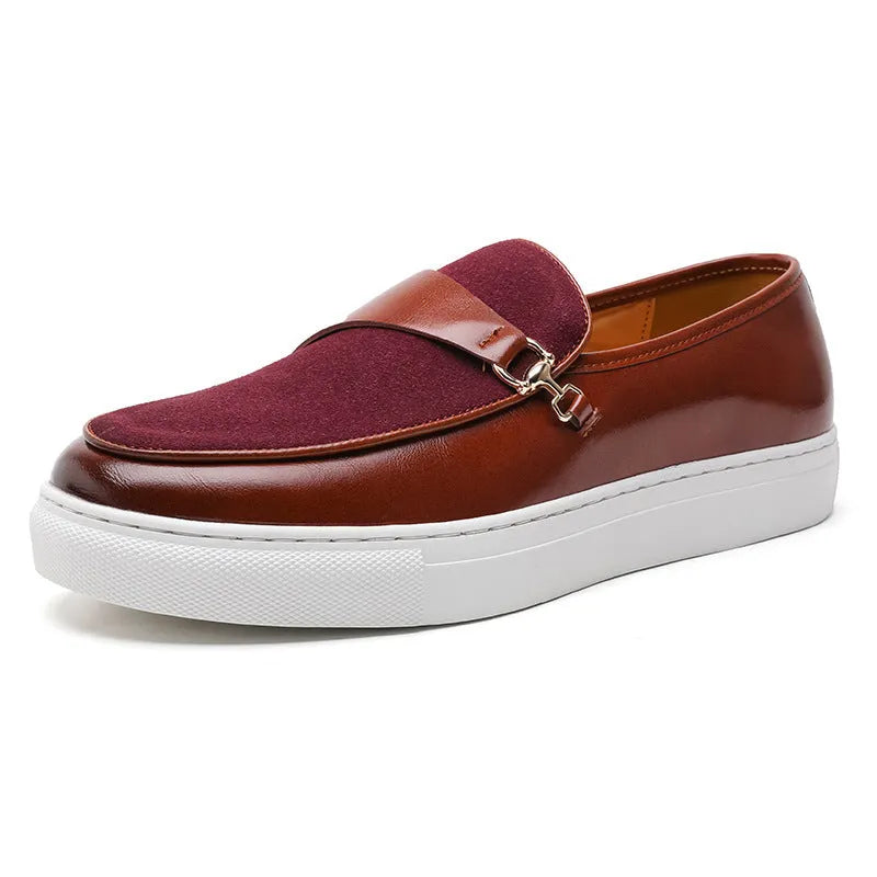 Men's black leather slip-on shoes with horsebit buckle and round toe design