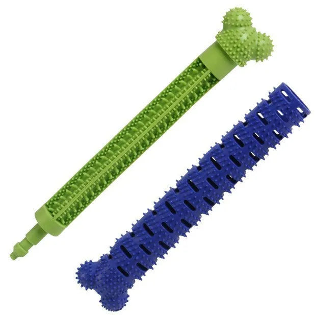 Blue dog dental cleaning stick with serrated brush head and gum massage nodules