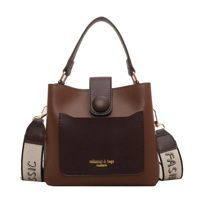 Women's PU leather crossbody bucket bag with stitching detail, urban simplicity style, available in khaki
