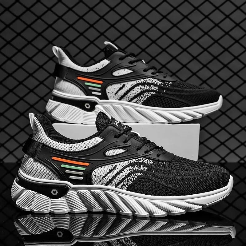 Men's platform casual sports shoes in black or white blue with mesh upper and rubber sole