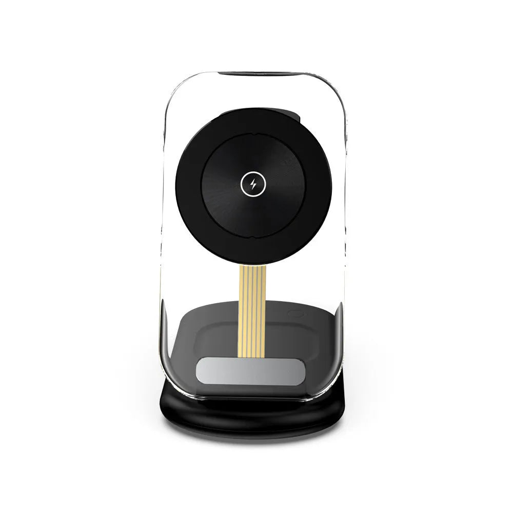 Transparent folding three-in-one magnetic wireless charger in black or white colour, showing fast charge QC3.0 support.