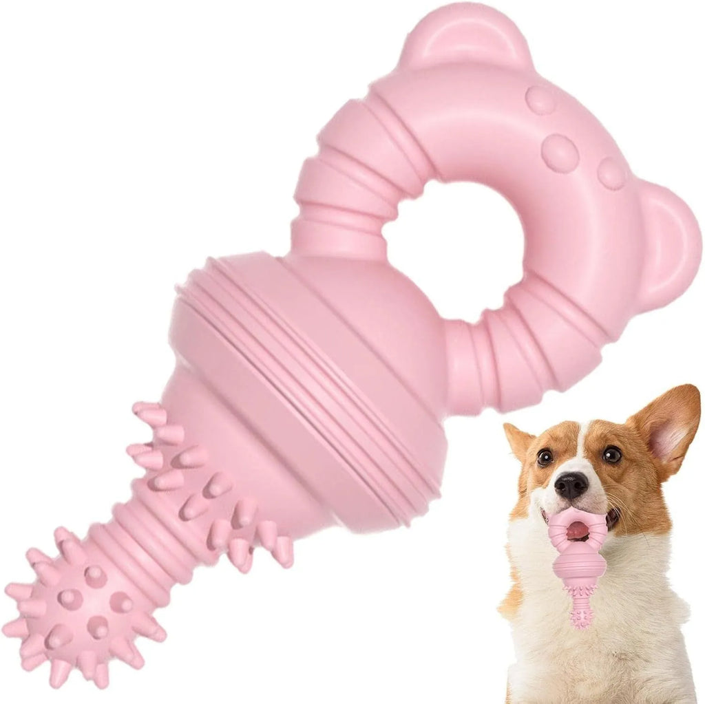 Blue rubber dog chew toy with textured surface for cleaning teeth, shown next to a measuring tape indicating 13.5cm diameter.