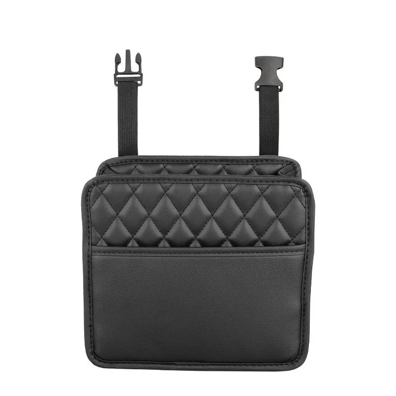 Black leather hanging storage bag for car interior, shown with dimensions