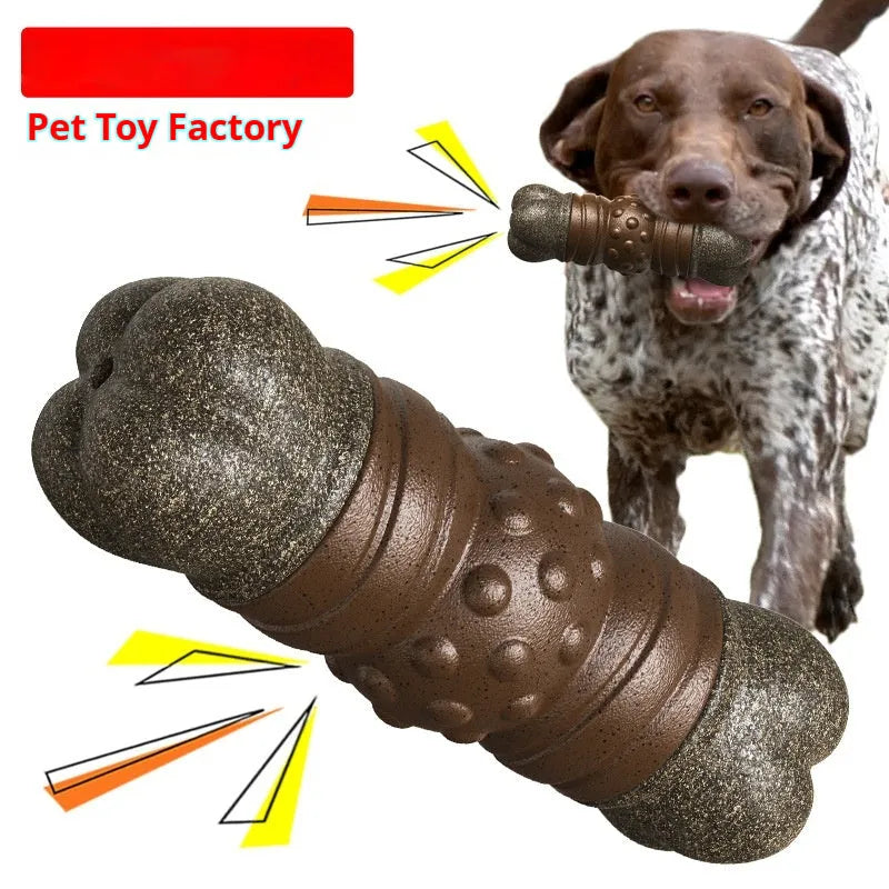 Wood colour plastic sounding bone dog toy with an integrated molar rod for chewing and teeth cleaning.