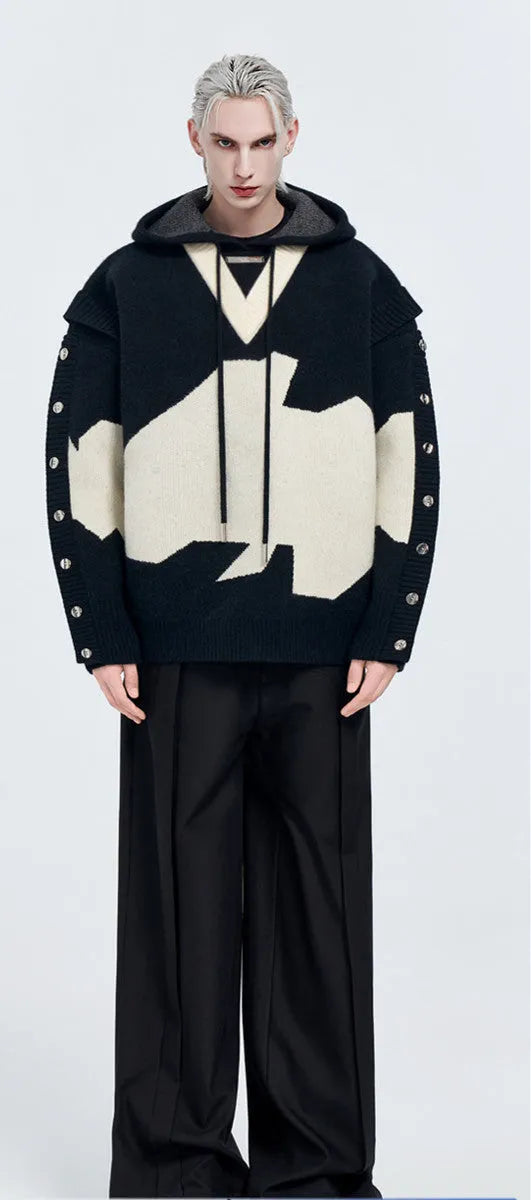 Men's ink gray black colour block long sleeve embroidered pullover hoodie jacket on hanger