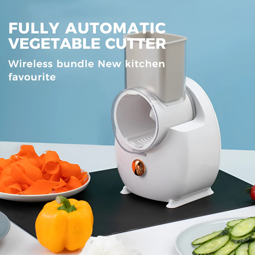 White electric vegetable slicer with rotary blade system and suction base for kitchen food preparation