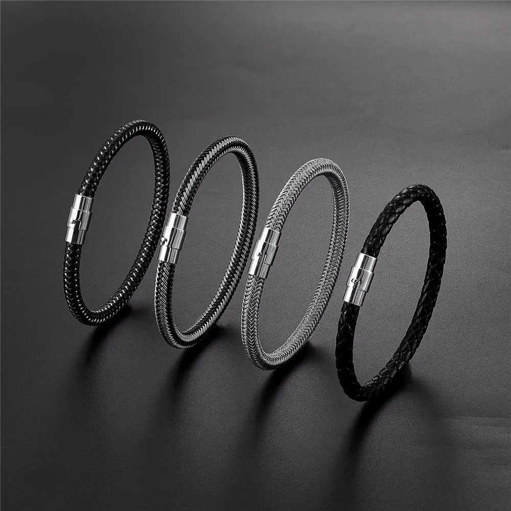 Men's titanium steel geometric bracelet with a magnetic clasp shown in one of four available colour finishes.