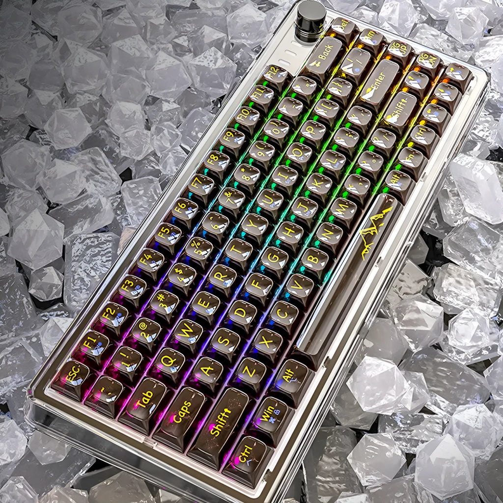 Attack Shark K75 wireless mechanical keyboard with transparent black case showing internal components and RGB lighting