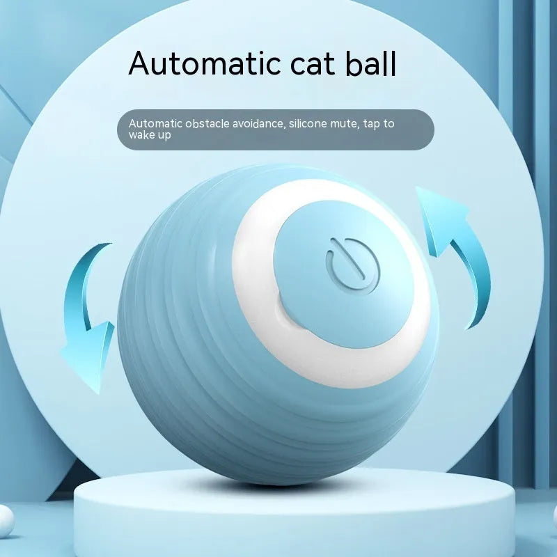 Blue rechargeable automatic rolling ball cat toy on a floor.