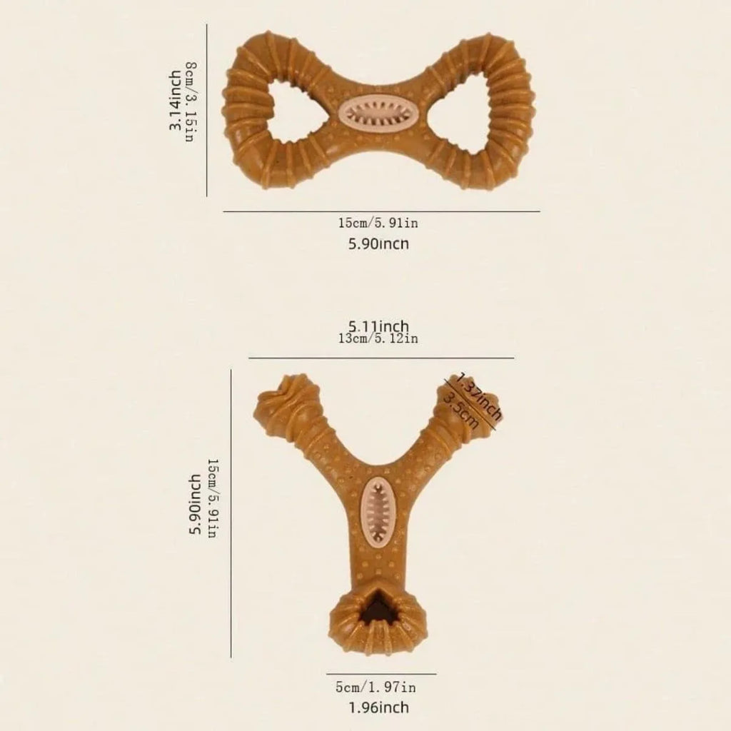 Durable rubber dog chew bone toy for teeth cleaning, shown in 8-shape and Y-shape designs.