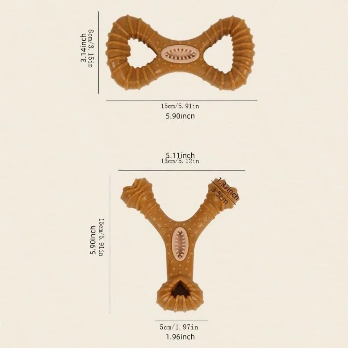 Durable rubber dog chew bone toy for teeth cleaning, shown in 8-shape and Y-shape designs.