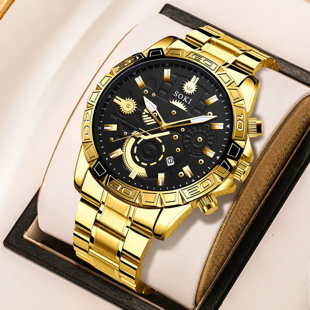 Gold men's business quartz watch with stainless steel strap on a wrist