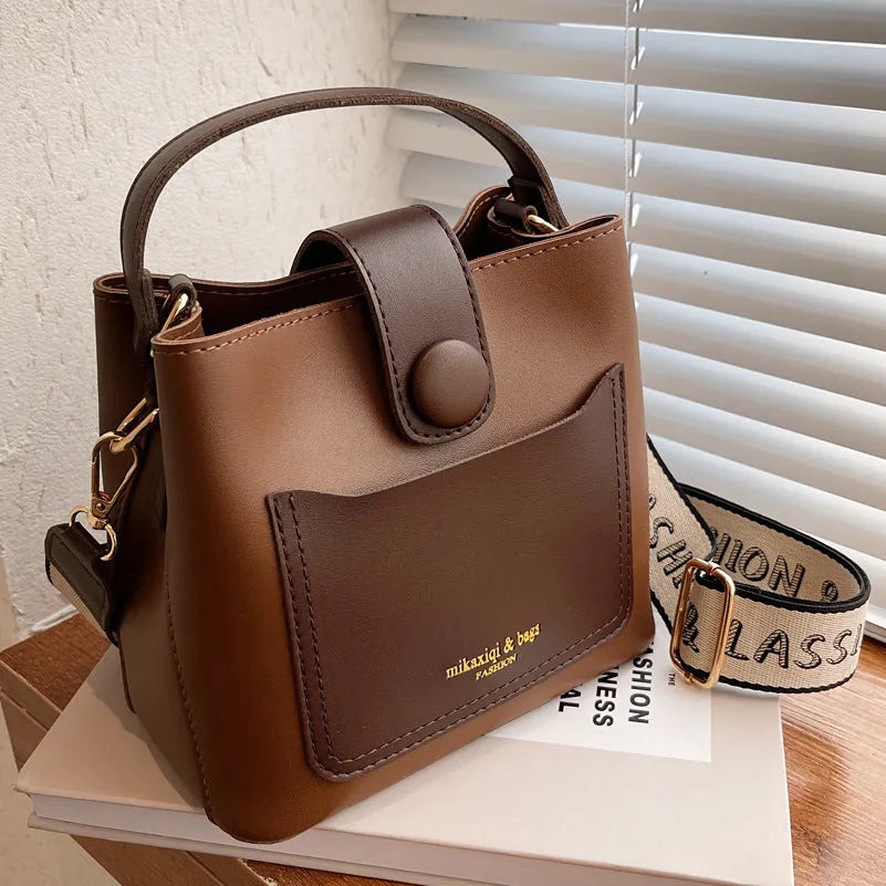 Women's PU leather crossbody bucket bag with stitching detail, urban simplicity style, available in khaki