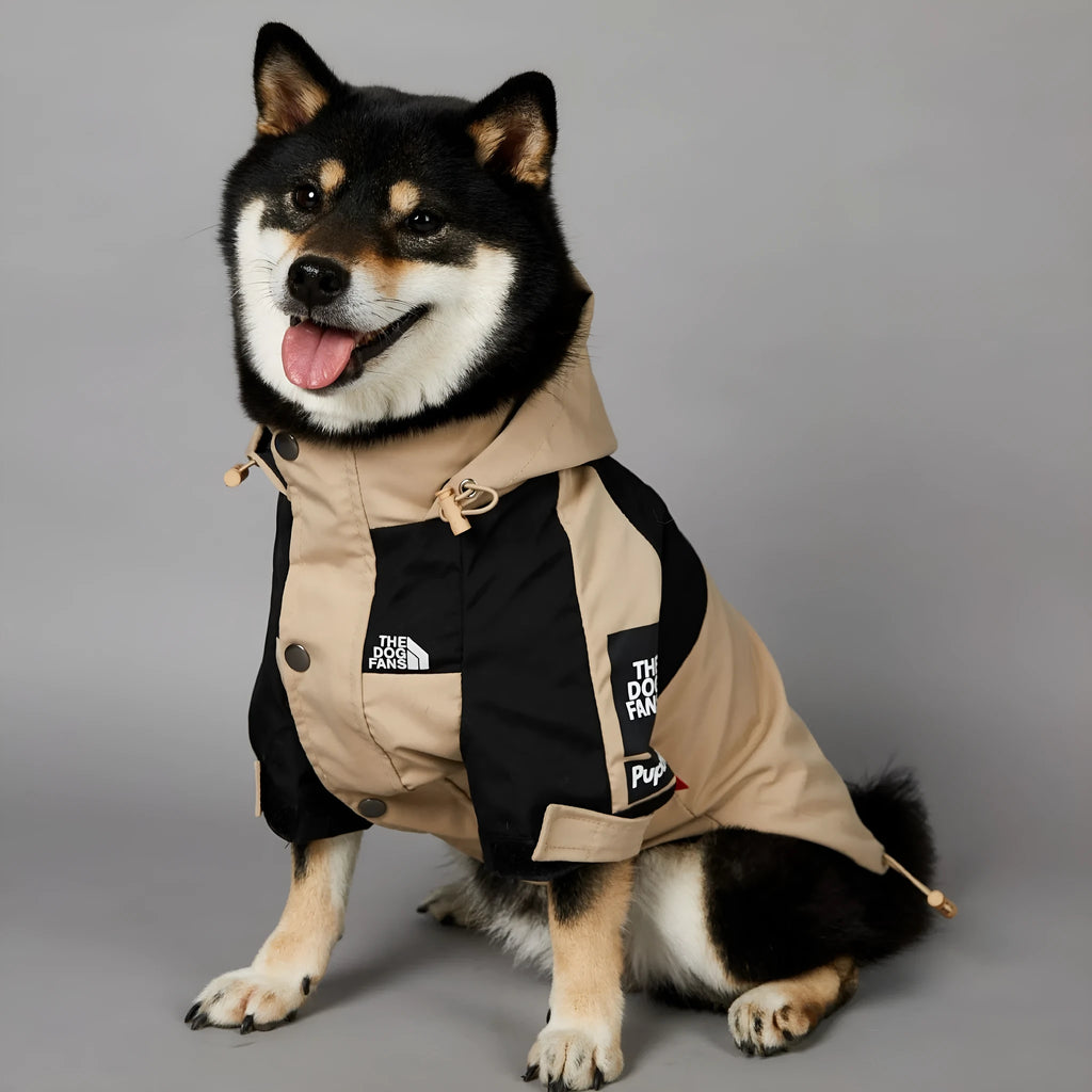 Khaki coloured polyester dog shell jacket for medium and large breeds on a mannequin.