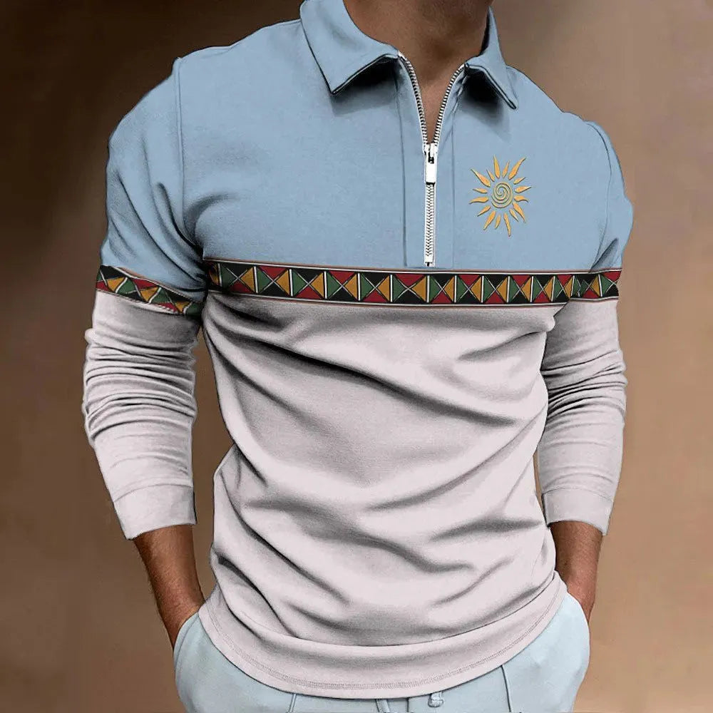 Men's retro print loose fit long sleeve t-shirt with striped pattern and zip decoration